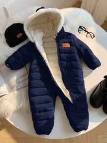 SHEIN Newborn BBaby Boys Cute Autumn/Winter Thermal Lined Thick Fur Collar Hooded Jumpsuit Ski Suit Unisex Baby Clothes Baby Winter Clothes - Navy Blue - View 8