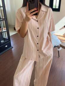 DAZY Conjunto de pijama de mujer con botones y contraste de colores a rayas - Rosa - Ver 6