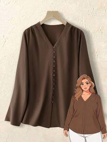Rusticease Plus Size Women's Solid Color V-Neck Long Sleeve Button Design Shirt Fall - Brown - View 8