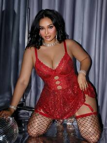 MidnightGlam Plus Size Women's Glamorous Sequin Lace Patchwork Corset Bodycon Spaghetti Strap Dress 3pcs Set - Red - View 6