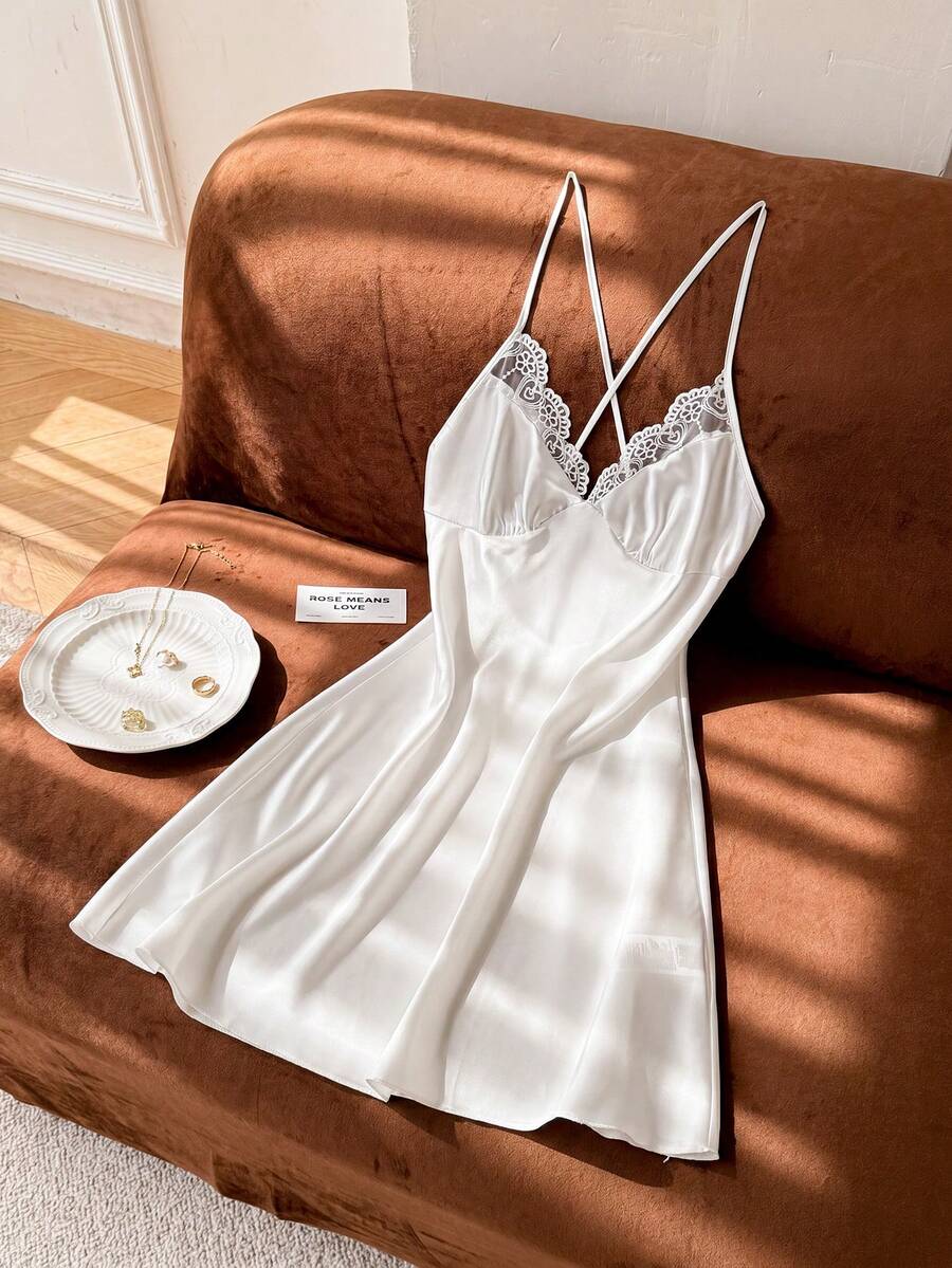 Moireta Solid Color Splice Lace & Satin Cami Pajama Slip Dress Luxeloungewear - White - View 1