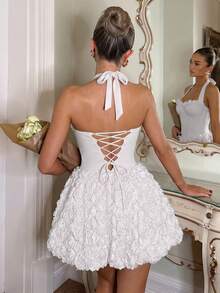 SHEIN White 3D Rose Halter Neck Corset Mini Dress,Lace-Up Backless Party Dress - White - View 3