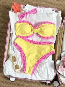 Swim Mod Teen Girl Polka Dot Print Ruched Bandeau Bikini Top With High Waist Ruffle Triangle Bottoms Women's Swimsuit Set - Yellow - View 6
