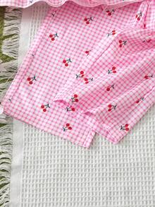 SHEIN Vintaside Kids 女童两件套：无袖樱桃印花上衣，饰有3D钩编樱桃图案，搭配宽松阔腿裤，适合休闲、海滩、度假、夏季穿着。 - 粉色 - 查看 7