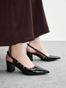 CUCCOO BIZCHIC 1雙黑色瑪麗珍漆皮尖頭露後跟涼鞋 女款 金色鉚釘粗跟通勤高跟鞋 - 黑色2 - 查看 5