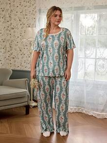 CottageSlumber Floral Print Lace Trim Short Sleeve Long Pants Plus Size Pajama Set - Green - View 8