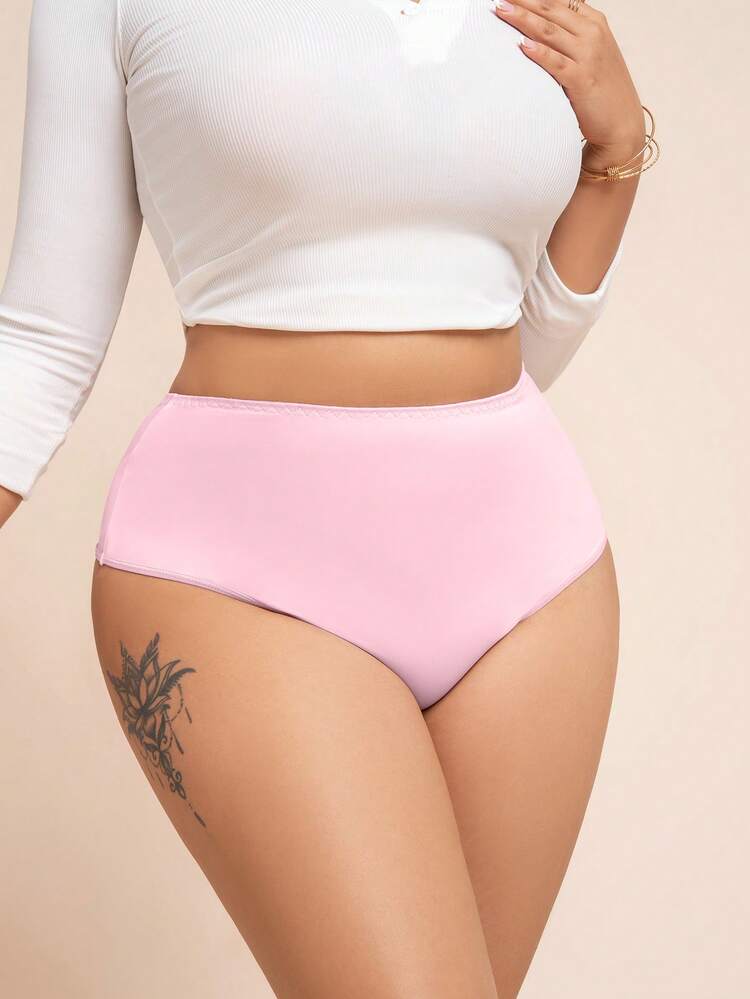 SHEIN 1pc Plus Size Mid-Waist Triangle Panties - Coral Pink - View 5
