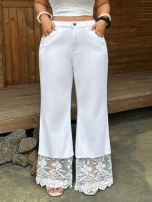 Sunnyshic Plus Size Women's Casual Versatile Daily Wear Denim Flare Jeans With Pockets, Buttons And Lace Patchwork - White - View 8