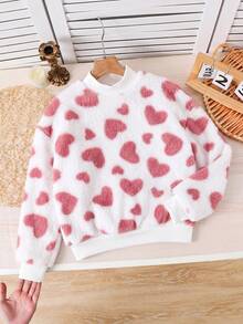 Emery Rose Kids Emery Rose Kids 少女心形圖案長袖抓絨冬季衛衣，印花套頭衫，休閒運動戶外優雅粉色與白色黑色秋季 - 粉色 - 查看 3