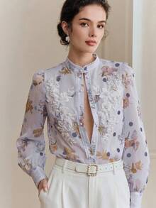 Anewsta Summer Elegant Court Style Heavy Pearl Decor Beaded Small Stand Collar Plain Floral Polka Dot Print Slightly Sheer White Long Sleeve Women Blouse - Mauve Purple - View 7