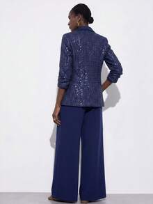 Aveloria Modichic Blazer Kain Tweed Berpayet dengan Desain Ikat Pinggang dan Celana Panjang Lebar Warna Polos, Gaya Vintage Prancis Elegan, Serbaguna untuk Pesta dan Perjalanan Sehari-hari - Navy Blue - View 6