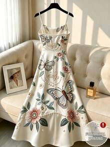 GlowEve Französisches romantisches 3D Blume Muster Kleid, Trägerkleid mit schlanker A-Linie, samtiges luxuriöses Gefühl - Aprikosenfarben - Übersicht 2