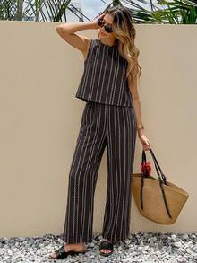 SHEIN Frenchy 女款條紋無袖上衣與長褲休閒兩件套 - 棕色 - 查看 4