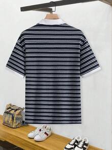 Manfinity CasualCool 男士條紋短袖商務休閒 Polo 衫，儀式場合適用 - 寶藍色 - 查看 2