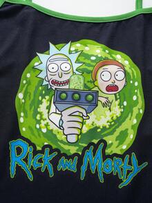 Rick and Morty X SHEIN 女款卡通印花細肩帶背心與短褲睡衣套裝 - 黑色 - 查看 5