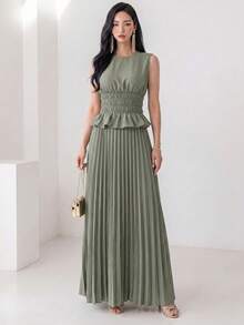 Heiryn Women's Solid Color Pleated Ruffle Hem Shirt And Skirt Elegant Frenchy French Two Pieces Set Vacation Sage Green Summer Daytime Drinks Holiday Party - Army Green - View 10