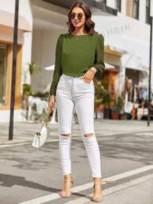 SHEIN LUNE Women's Solid Color Round Neck Lantern Sleeve Fashionable Elegant Blouse - Olive Green - View 4