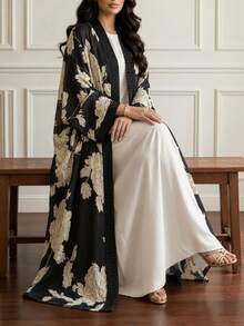 Al Najma 女款長袖雪紡印花優雅舒適浪漫夏季大尺碼阿拉伯長袍 - 黑與白 - 查看 1