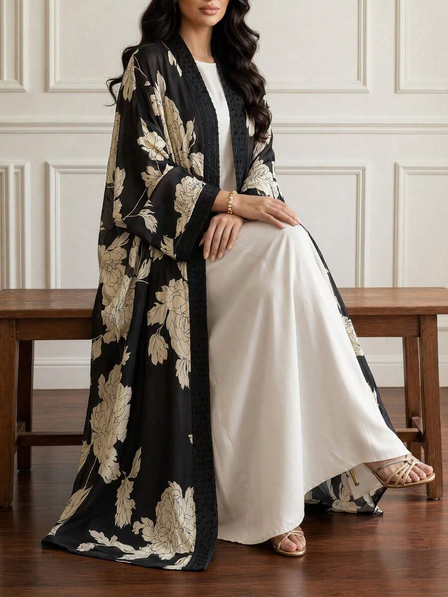 Al Najma 女款長袖雪紡印花優雅舒適浪漫夏季大尺碼阿拉伯長袍 - 黑與白 - 查看 1
