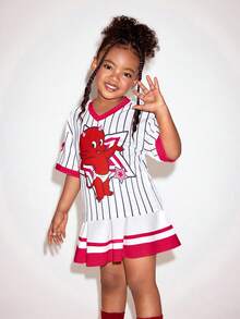 SHEIN HOT STUFF Young Girl Summer Casual Striped Cartoon Print Short Sleeve T-Shirt And Skirt Set - White - View 2