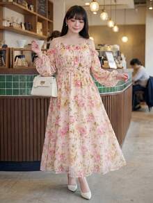 Bijouette 大尺碼甜美花卉印花梭織長袖度假洋裝 - 彩色 - 查看 6