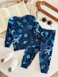 LMoss Kids Ensemble 2 pièces de vêtements de détente pour bébé garçon, t-shirt ajusté à col ras-du-cou avec motif astronaute mignon tricoté et pantalon long - Bleu azur - Voir 2