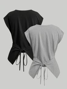 SHEIN LUNE 女士时尚休闲针织圆领扭结腰身不对称下摆衬衫 - 彩色 - 查看 2
