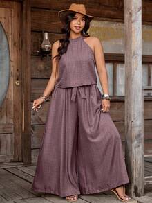 Nubod Plus Size Solid Color Halter Top And Wide Leg Pants 2 Pieces Set - Dusty Purple - View 5