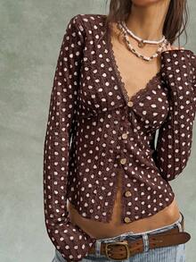 Bohemela 秋季波西米亞風度假情人節音樂祭休閒針織棕色與白色波點圖案V領長袖女款上衣日常約會 - 酒紅色 - 查看 2