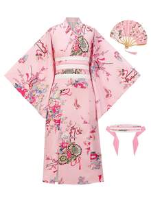 Irokai Japanese Traditional Summer Women's Two-Piece Kimono Yukata With Floral Print (Belt Not Included) - Pink - View 6