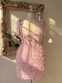 Lovelzi Plus Size Elegant Romantic Sexy Pink Strapless 3D Floral Fabric Waist-Defining Bodycon Short Party Wedding Cocktail Dress Wedding Spring - Pink - View 2
