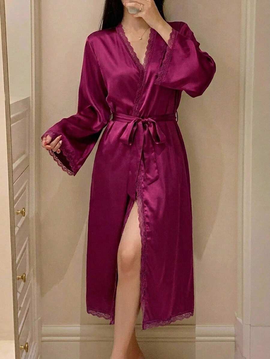 DAZY 浪漫蕾絲拼接緞面繫帶前襟長版開襟睡袍與短款睡褲 2 件組女款睡衣套裝 - 中紫紅色 - 查看 1
