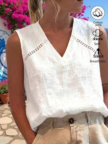 Weeklong White Sleeveless V-Neck Linen-Cotton Shirt, Hollow Lace Splicing, Pastoral Resort Style, Plus Size Summer Top - White - View 1