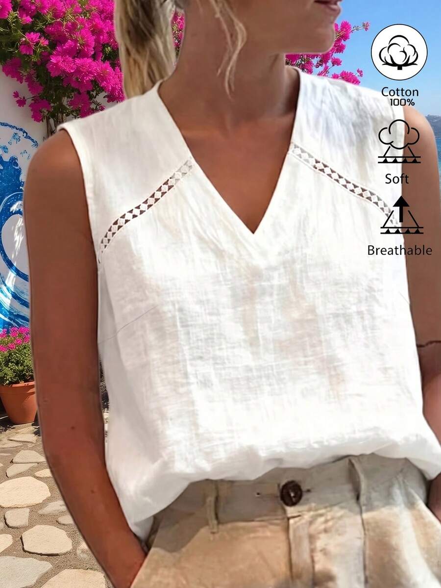 Weeklong White Sleeveless V-Neck Linen-Cotton Shirt, Hollow Lace Splicing, Pastoral Resort Style, Plus Size Summer Top - White - View 1