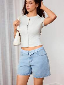 SHEIN Women's Blue And White Stripe Summer Loose Slimming Casual Streetwear Y2k A-Line Cuffed Denim Shorts Unique Contrast Color Striped Waistband - Light Wash - View 6