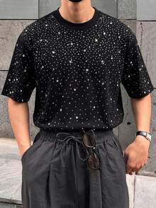 DAZY Black Rhinestone Embellished Loose Short Sleeve Men's T-Shirt Summer - Black - View 7