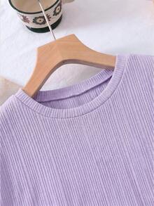 SHEIN LMoss Kids 两件套女童针织纯色圆领宽松T恤和修身短裤套装 - 紫色 - 查看 5