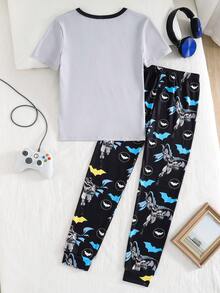 BATMAN X SHEIN TOM & JERRY X SHEIN GraphicGems 大童男孩圓領卡通印花短袖上衣與長褲休閒日常居家睡衣套裝 - 黑色 - 查看 2