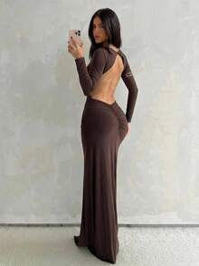 Aloruh Women's Autumn New Backless Fitted Dress, Suitable For Party Night Out, Date, Evening Event, Gathering Dark Brown Sexy - Brown - View 2