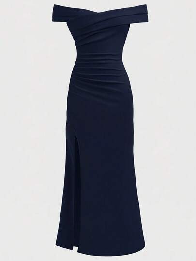 Girlism Tween Girls Partywear, Off-Shoulder Ruched Elegant Cross-Over, Hem Slit Mermaid Dress, Solid Color Sleeveless Ruffle Lace Fitted Long Evening Gown, Elegant Party, Date, Important Family Gathering/Suitable For Various Occasions, Back To School/Campus Style, Suitable For Party, Wedding