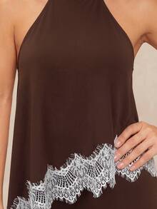 Lumalex Brown Chocolate Brown Halter Top Flare Pants Set High Neck Keyhole Back Asymmetric Lace Trim Hem Sleeveless Luxury Elegant Dinner Night Summer - Multicolor - View 7