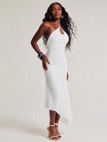 NYA SZN Women's Summer Solid Color Asymmetric Hem Fashion Halter Neck Dress - White - View 4