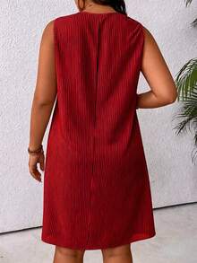 Linhara CURVE Plus Size Women's Striped Dual Pocket Casual Sleeveless Dress - Red - View 2
