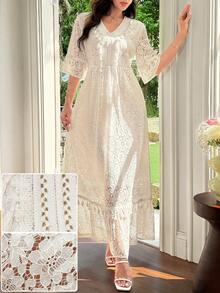 Yasmyna Spring/Summer V-Neck Tassel Ribbon White Lace Dress - White - View 4