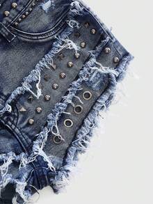ROMWE Grunge Punk 女款 Y2K 復古亞文化破洞緊身貼身牛仔短褲，磨損下擺、鉚釘與珠飾裝飾 - 藍色 - 查看 4