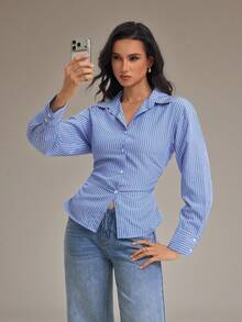 SHEIN Tall Women's Blue And White Striped Long Sleeve Shirt, Back Ruched Shirt, Daily Commute Shirt, Vacation Shirt, Waist-Cinching Striped Shirt, Spring Summer Autumn Winter Clothing Commute, Elegant, Vacation, Bohemian, Workwear - Blue and White - View 6