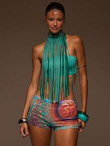 MUSERA Teal Suede Fringe High Neck Studded Bandeau Top - Blue - View 1
