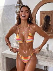 Swim SXY Dopamine Retro Style Sexy Tropical Rainbow Striped Print Halter Neck Triangle Cup Back Tie Top Spaghetti Strap Triangle Bottoms Summer Beach Vacation - Multicolor - View 3