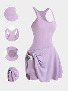 SHEIN 青少年女孩針織純色U領露背設計內建防走光內襯休閒時尚瑜伽網球運動洋裝 - 紫色 - 查看 3