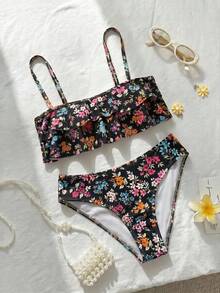 Swim Mod 花卉荷葉邊可愛甜美復古休閒度假海灘海邊女款泳衣套裝 - 彩色 - 查看 4